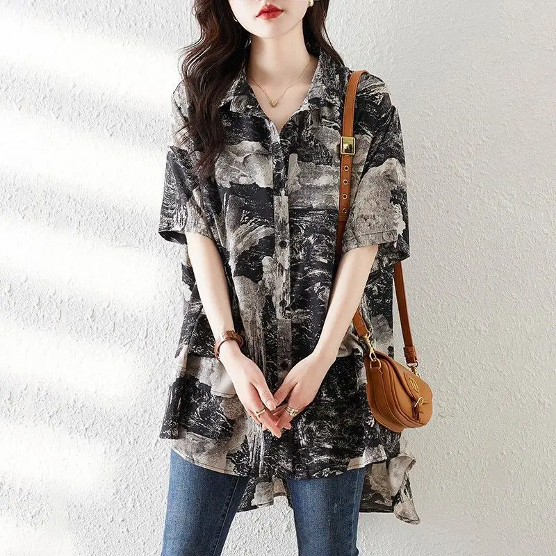 

Женская повседневная асимметричная шифоновая блузка с винтажным принтом, весна-лето, новый универсальный топ