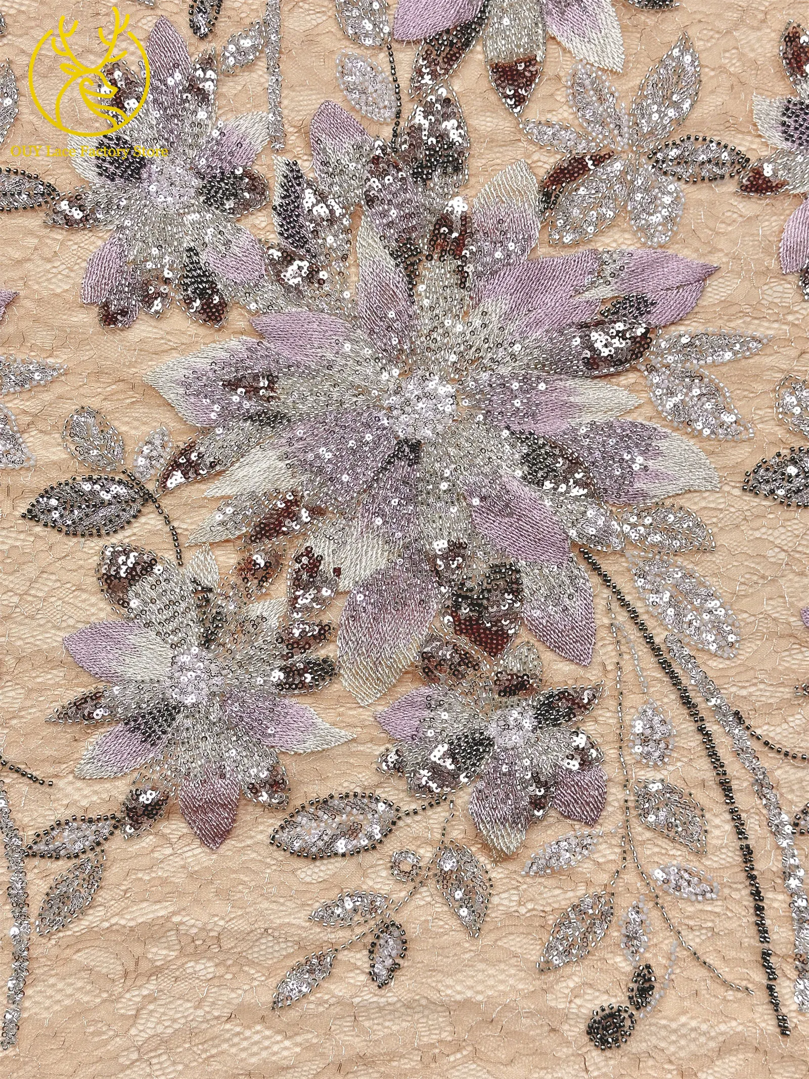 3D-Stickerei-Blattapplikation mit Pailletten, Röhrenperlen und Spitze, hochwertiger französischer Tüllspitzenstoff für Hochzeitskleider, Brautkleider und Partykleider zum Nähen. – Detail 8