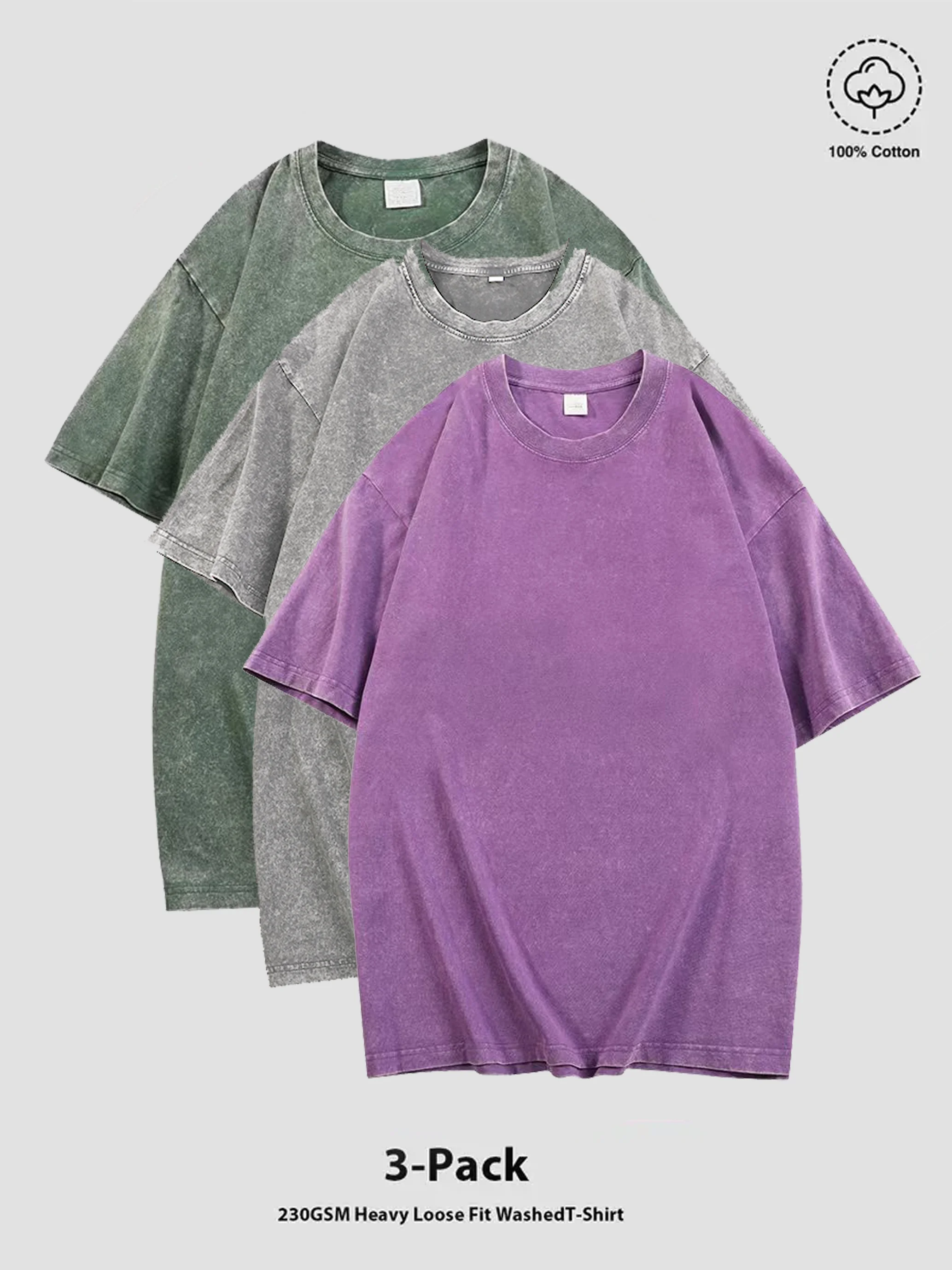 

3-Piece Set 100% Cotton Loose-fit Retro Washed Top (Sports & Casual T-shirt) Suitable as gifts for various festivals