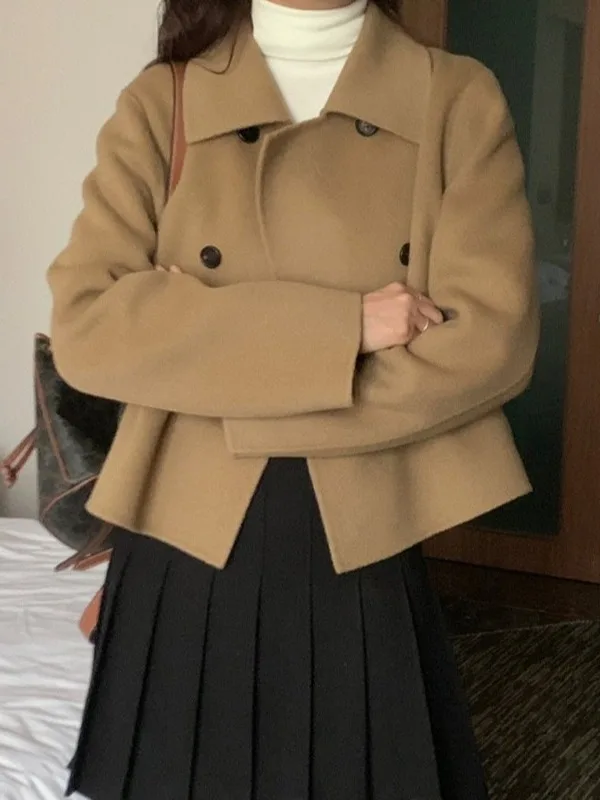 

Retro Double-Breasted Woolen Coat Women's Loose Briti Sle Winter Faion Outerwear Polyester Fiber 00% Chic New Arrival