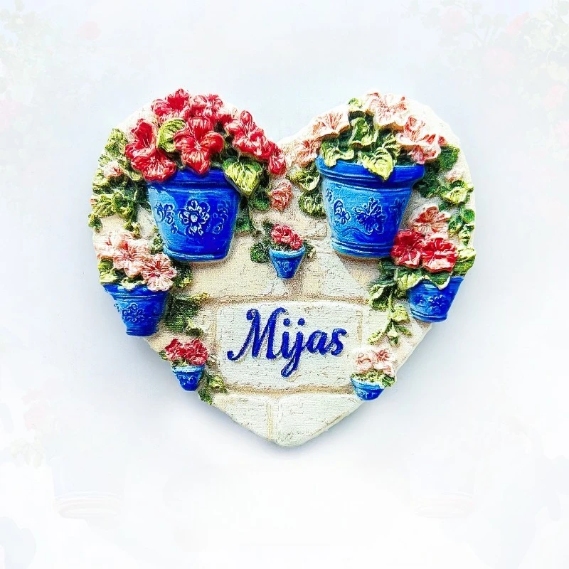 Imán para nevera Mijas España, encantador recuerdo de pared y flores con forma de corazón en 3D, regalo único de pueblo blanco para viajes y decoración rústica