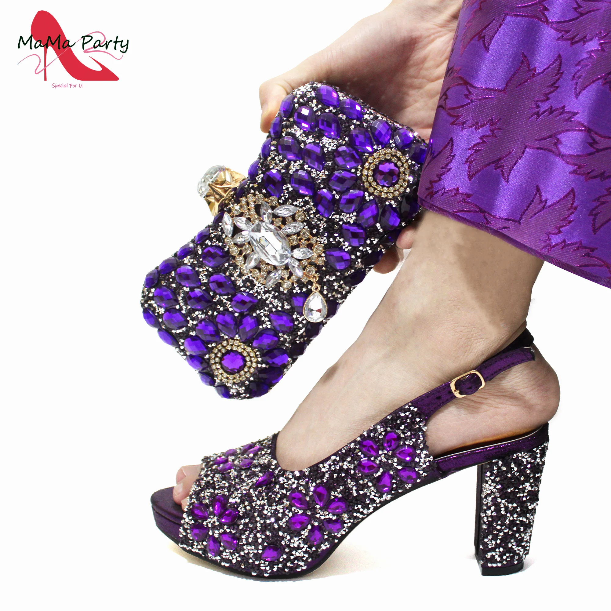 

Nigerian Style Shoes and Bag in Purple Color Peep Toe Sandals with Shinning Crystal 2024 Specials Design Sexy Women for Party