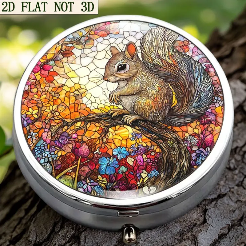 Single pack, flat circular three-compartment box, cute squirrel circular pattern design, portable travel case, simple and high-end style, decorative metal storage box, used for storing medicines and vitamins
