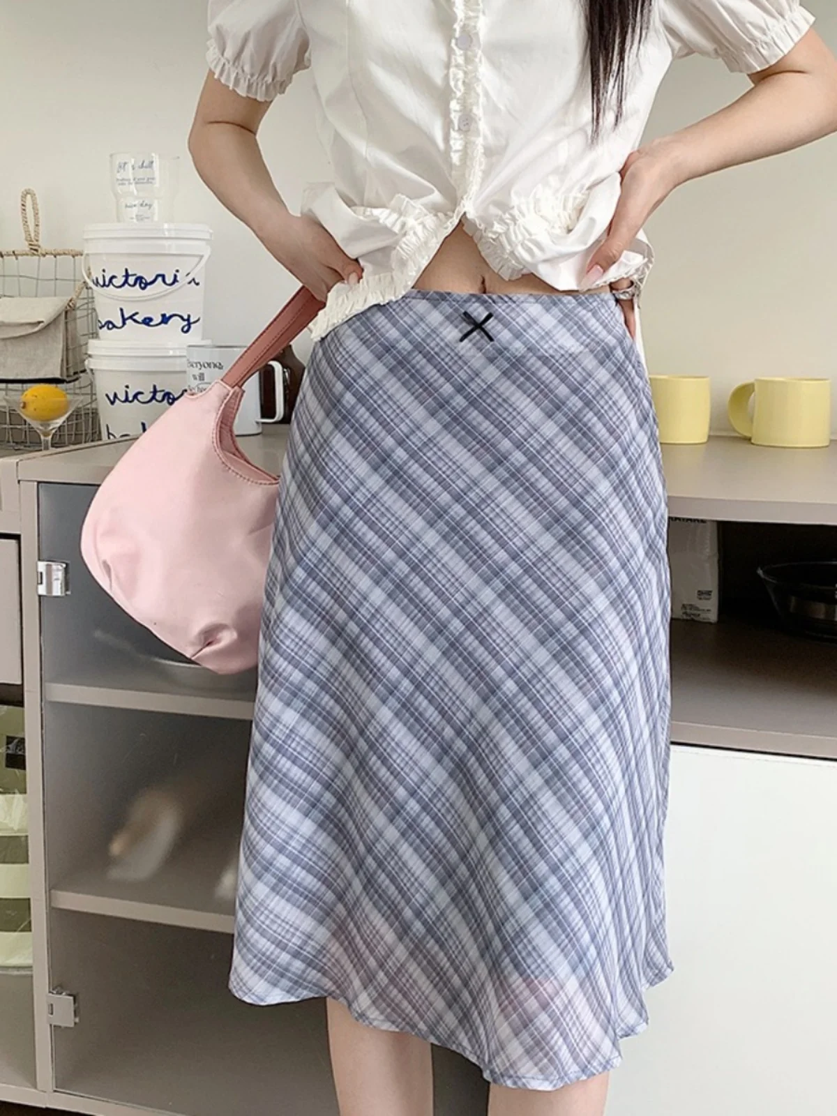 

Ele Korean Sle Midi Skirt with Bow Tie Plaid Splicing High Waist Women's Chiffon f-length Skirt Sweet And Gentle