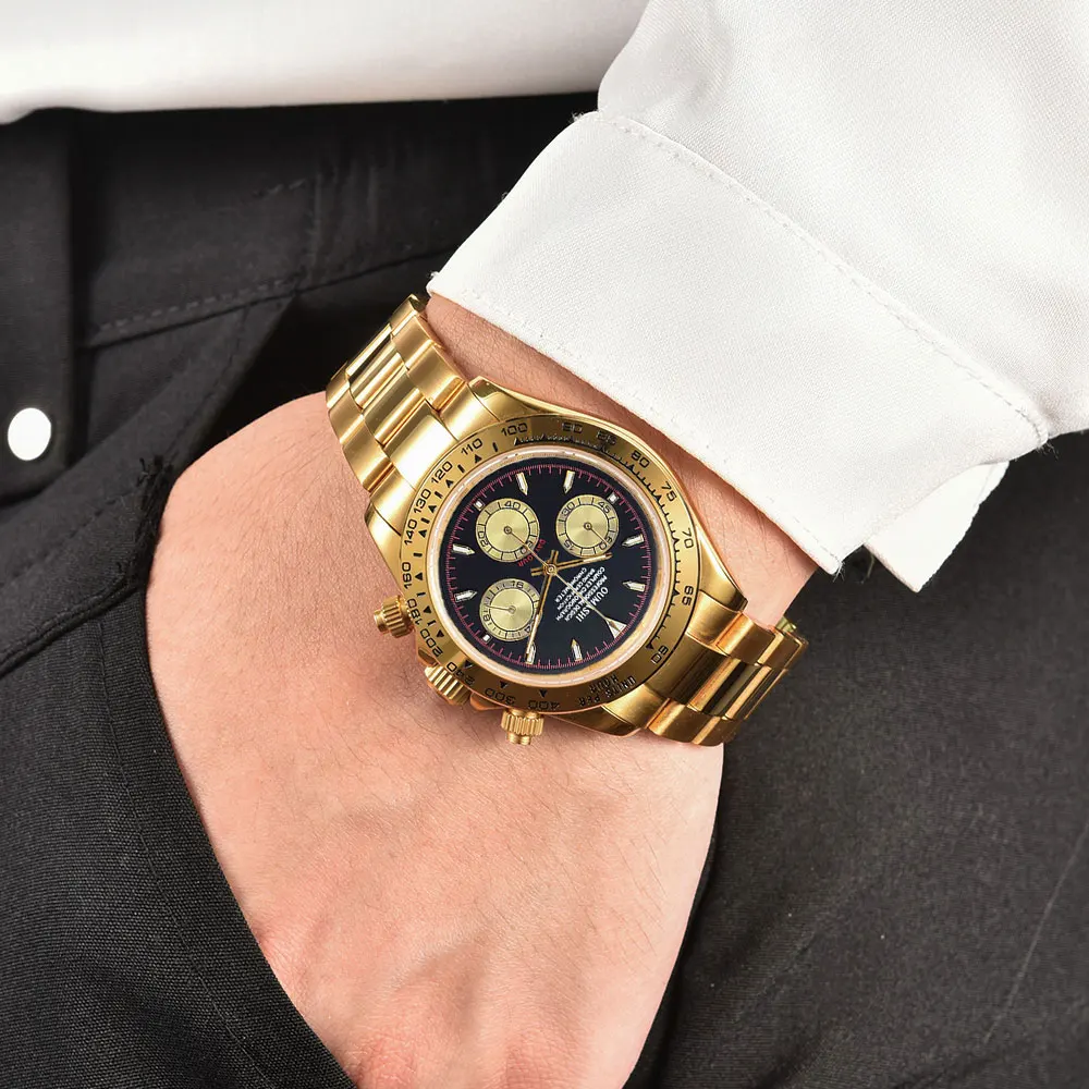 Золотые часы на заказ VK63, хронограф, сапфировое стекло, ремешок из нержавеющей стали, роскошные деловые мужские водонепроницаемые часы