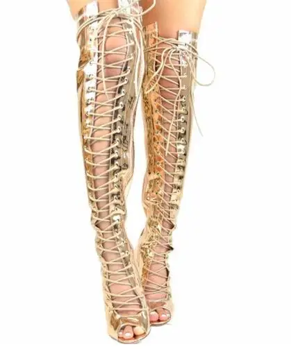 

Summer Sexy Women Gold Shiny Leather Cross Tied Over The Knee Boots Peep Toe Lace Up Front Gldiator Cuts Out Long Sandals Boots