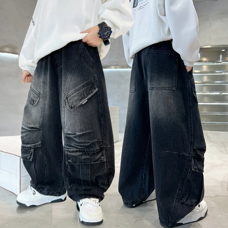 

Korean Boys Loose Straight Jeans with Pocket for Children New Fashion Denim Pants Kids Black Cargo Jeans Trousers 4 -14Years