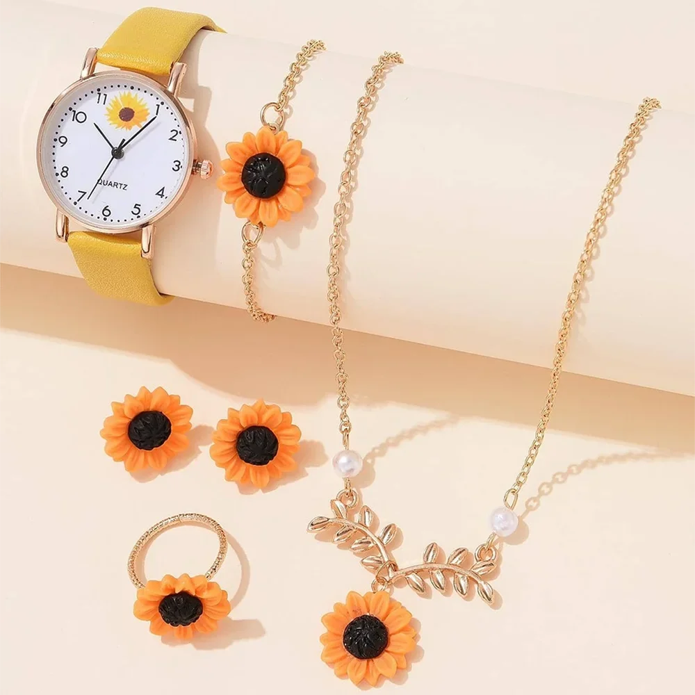 1pc Women Yellow PU Polyurethane Strap Fashionable Round Dial Quartz Watch And 5pcs Jewelry Set For Daily Life