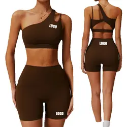 Custom LOGO Quality One Shoulder Women Short Set Sports & fitness Yoga Gym Wear Yoga Legging Short Set for Women with Pocket