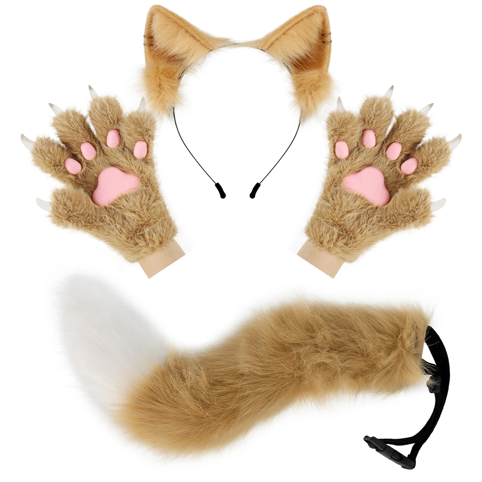 Flauschige Katzenohren, Katze, langer Schwanz, plus süße Katzenpfoten, Handschuhe, Set, Cosplay, Kostümzubehör, Halloween, Karneval, Party, Anzieh – Detail 5