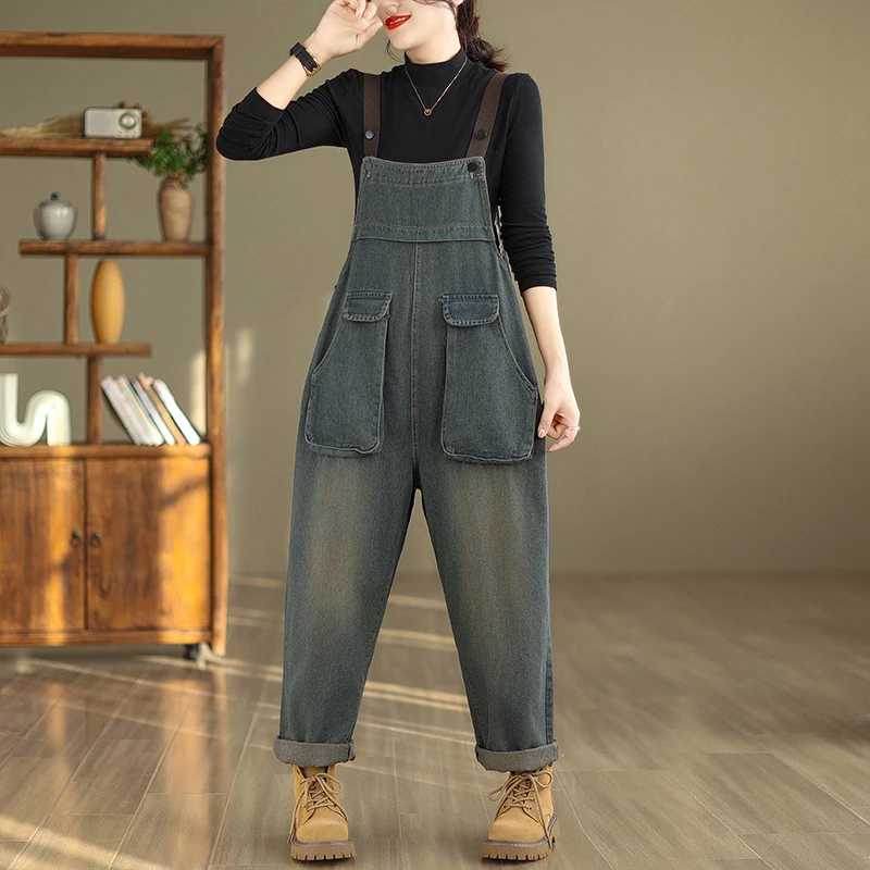 Womens Blue Vintage Suspender Jeans Fashion Pocket Baggy Straight Pants Streetwear Casual Wide Leg Denim Trouser Ladies Autumn