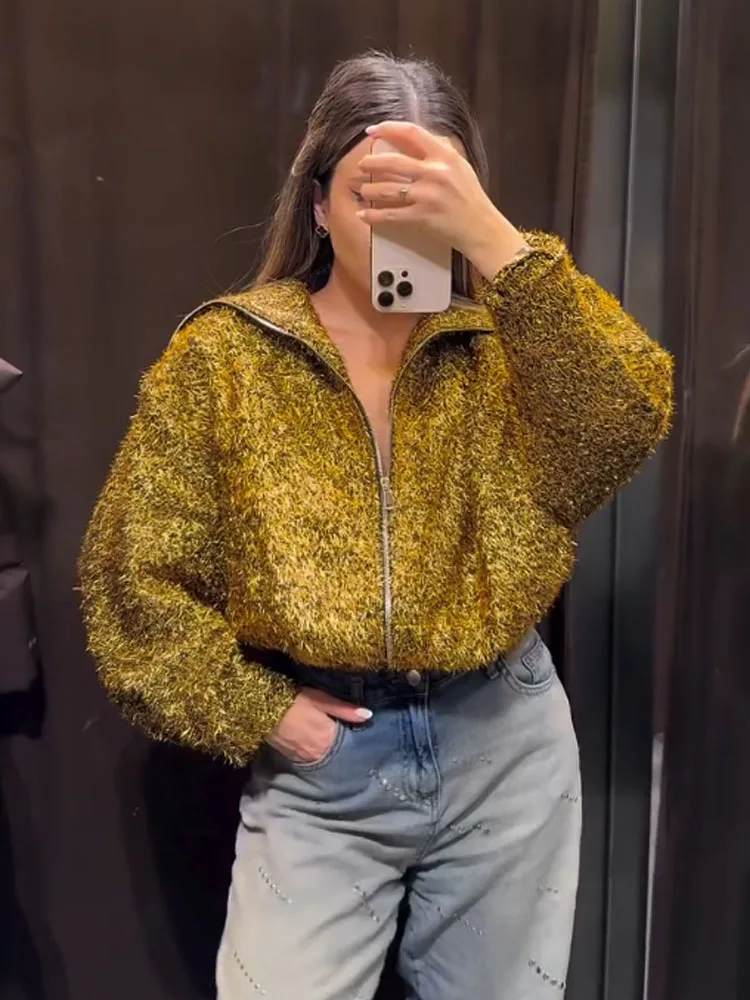 

HH женская осенняя повседневная свободная куртка металлического цвета с длинным рукавом женская шикарная куртка с отложным воротником и карманами спереди на молнии пальто пилота