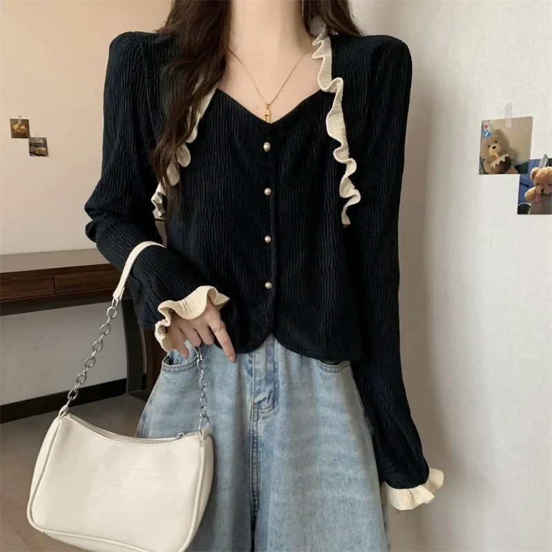 Autumn New Corduroy Splicing Ruffled Pullovers Women Long-sleeved Square Collar Falred Sleeve Bottoming Versatile Blouse Female