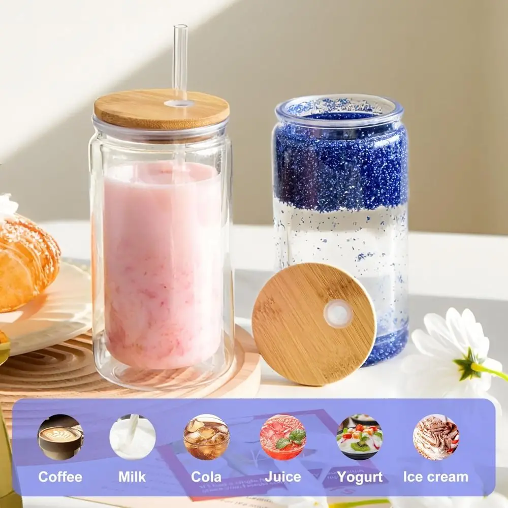 

NEW Bamboo Lids Mason Jar Cups 16oz(450ml) Capacity Break-Resistant Drinking Tumbler Double Layers Water Bottles Wedding Party