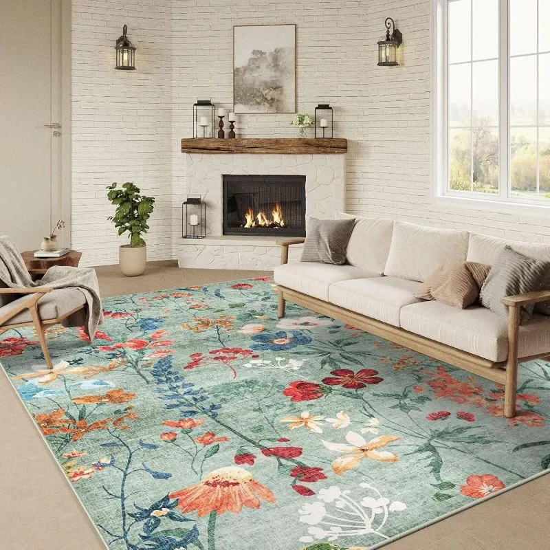 

Retro Pastoral Floral Living Room Carpet Large Area Coffee Table Bedroom Plush Mat Easy Clean Machine Washable Foldable Rug 러그