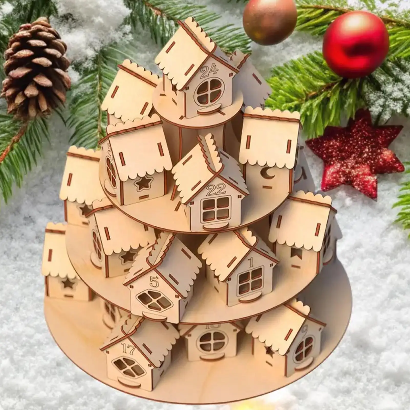 Wood Christmas House Decor Holiday Village Ornament for Desk Seasonal Display for Collectors, Enthusiasts, Bookshelf, Mantel