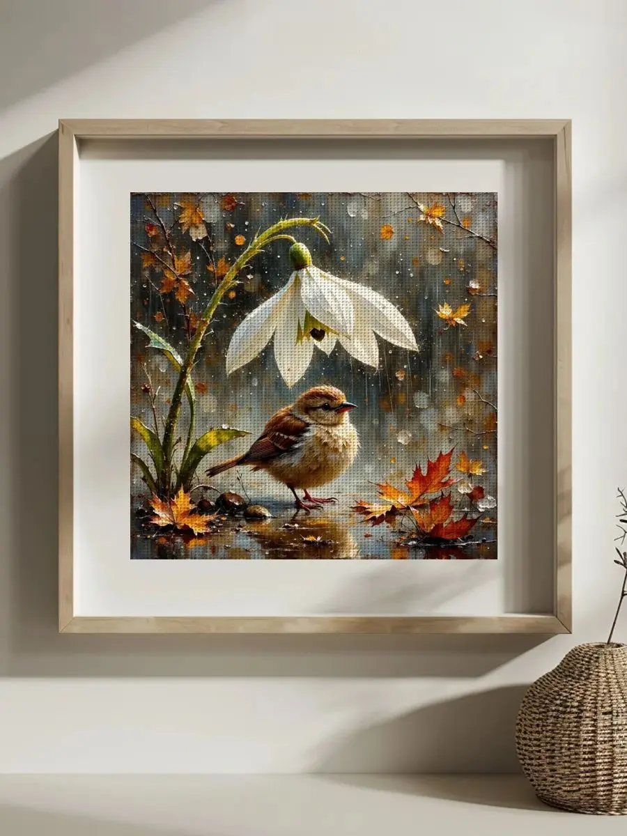 1 Stück 30X30CM/11,8 Zoll Der kleine Vogel unter der Blume Gestempeltes Kreuzstich-Set DIY-Set 11CT/14CT DIY-Stickset DIY-Kreuzstich-Set – Detail 1