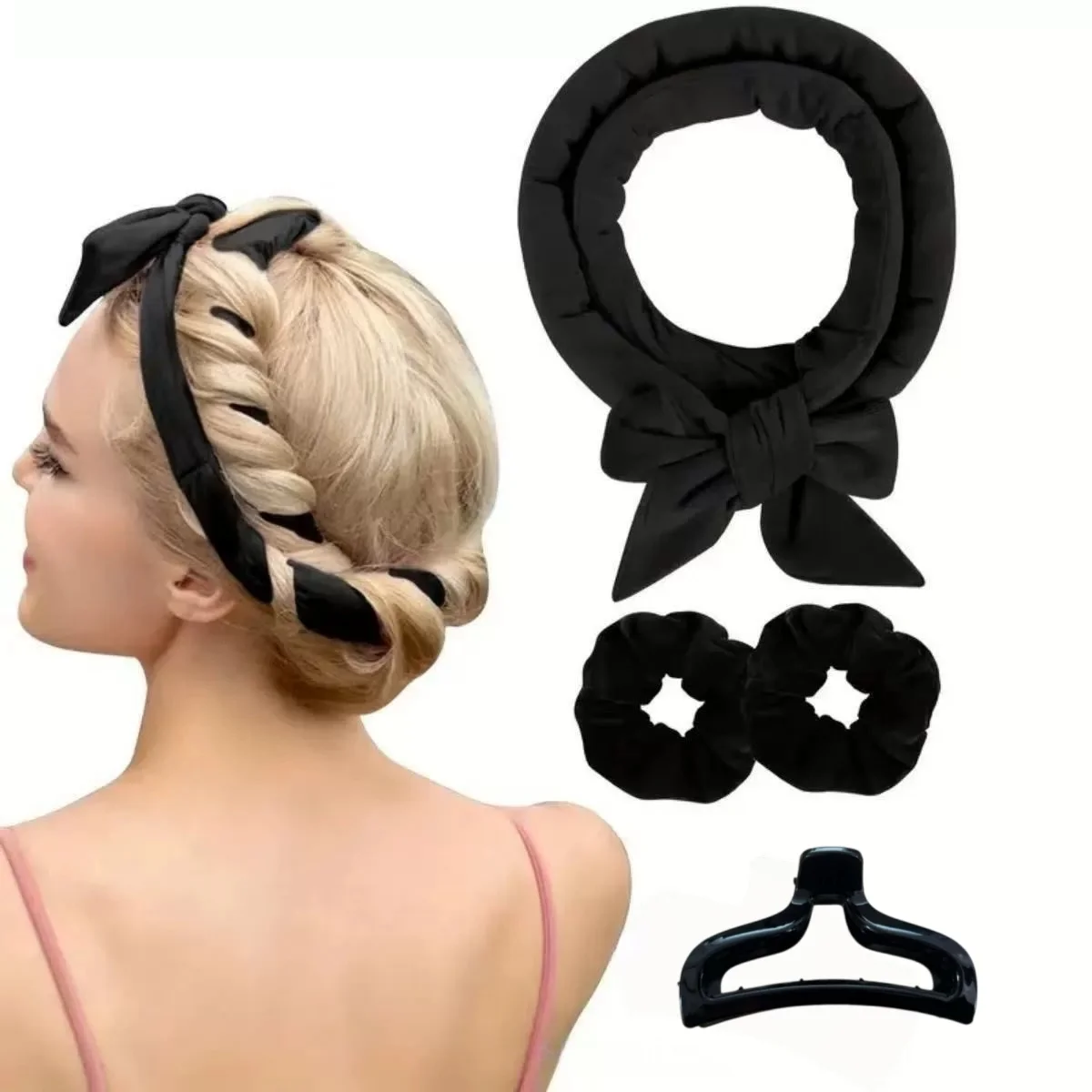 

Lazy person's heatless curling iron bow hairband braid holder hair styling sleep hair clips