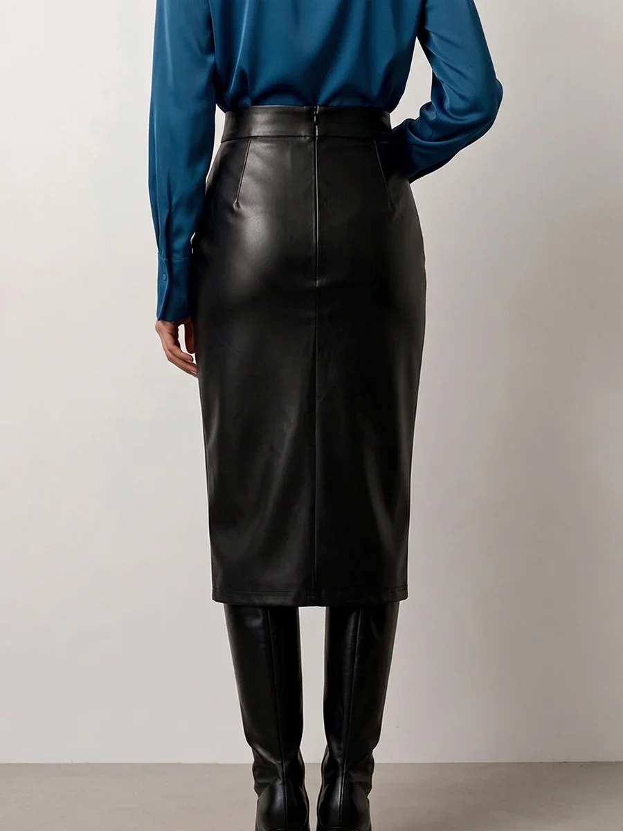 Fashion High Waist Black PU Leather Midi Pencil Skirt Front Slit Slim Bodycon for Women Night Out Office Lady Sexy Club Outwear