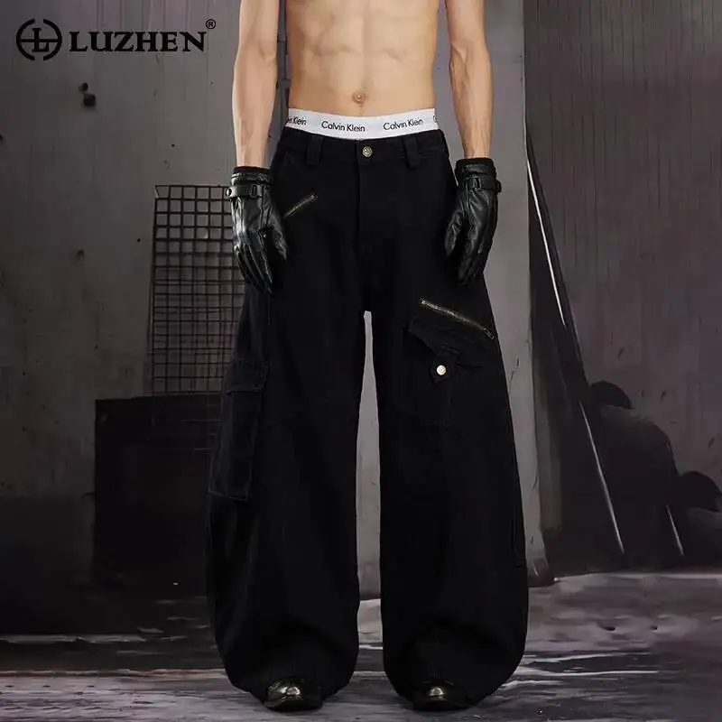 LUZHEN 2026 New Original Multi Pockets Design Loose Wide Leg Cargo Pants Men Trendy Solid Color Straight Casual Trousers JY7912