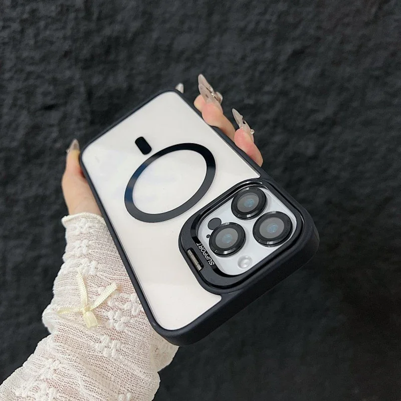 Luxuriöse Magsafe Magnetische Hülle für iPhone 18 Pro 15 14 13 12 11 16 Plus 17 Pro Max mit Ständer und Glaslinsenschutz – Detail 8