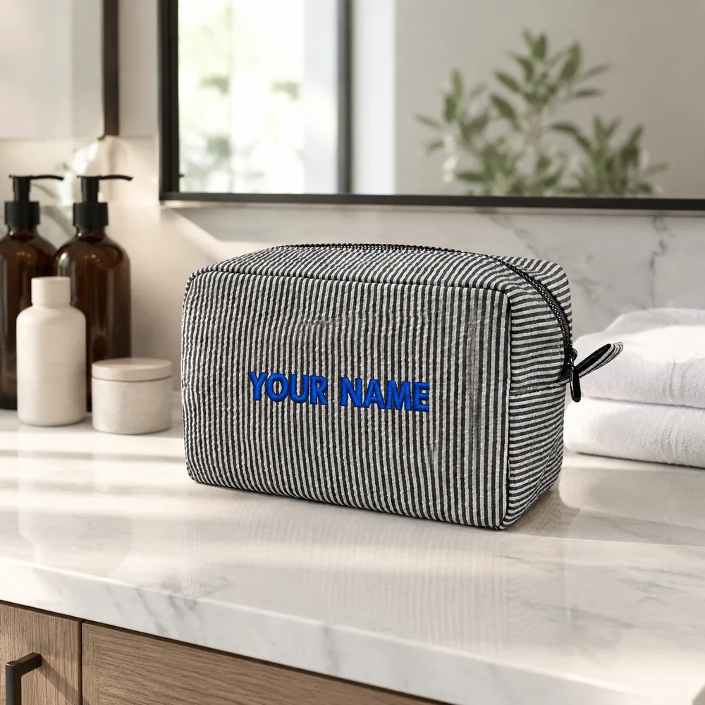 Striped Custom Embroidered Name Cosmetic Bag, Portable Zipper Toiletry Organizer Pouch, Personalized Travel for Gym Hotel Trip