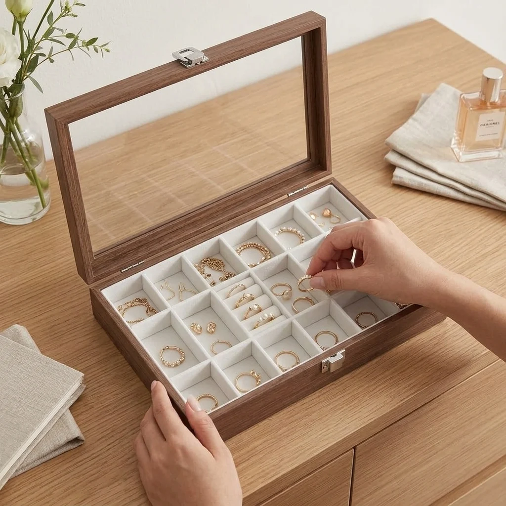 Glass Lid Natural Wood Specimen Storage Box 18 24 30 Grids Desktop Organizer for Insect Specimen Tiny Collectibles
