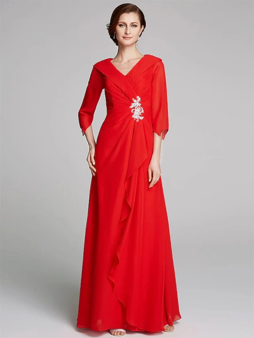 

Vintage Long Red Chiffon Mother of the Brides Dresses With Ruffles A-Line V-Neck Floor Length Godmother Dress for Women