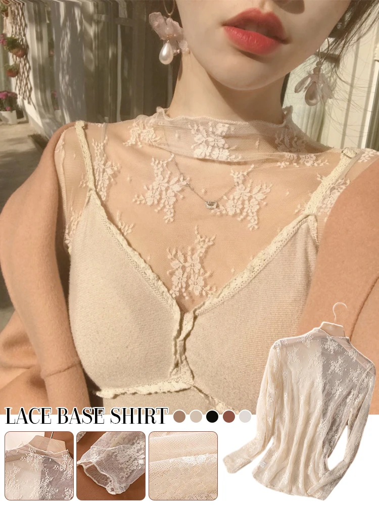 Seksowne damskie siateczkowe T-shirty Przezroczysta koronkowa bluzka z długim rękawem Prześwitujące topy dla kobiet Koszulka bazowa Przezroczyste T-shirty Body Crop Top — zdjęcie 2