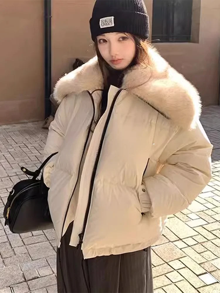 

ROUJE KEFSS Women's Short Puffer Jacket Thickened Bread Style Duck down Coat Large Fur Collar Autumn Winter Commute Wear
