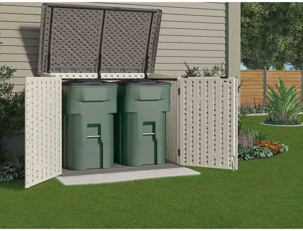 Outdoor Storage for Trash Cans and Yard Tools - All-Weather Resin, Hinged Lid, Reinforced Floor - Vanilla and Stoney