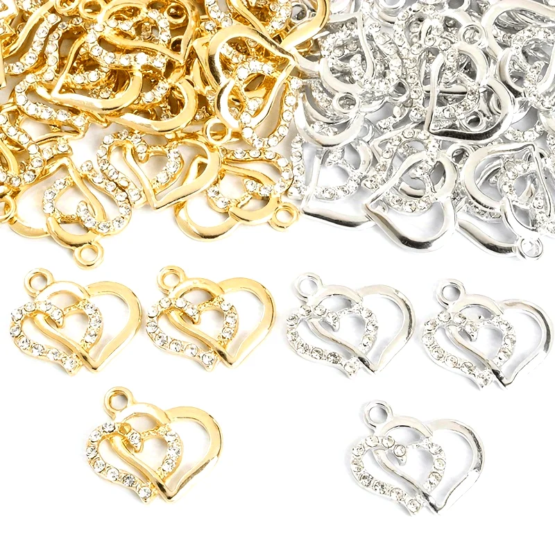 

10pcs Shiny Rhinestones Inlaid Heart to Heart Charms Elegant Temperament Necklace Bracelet Earrings Hollow
