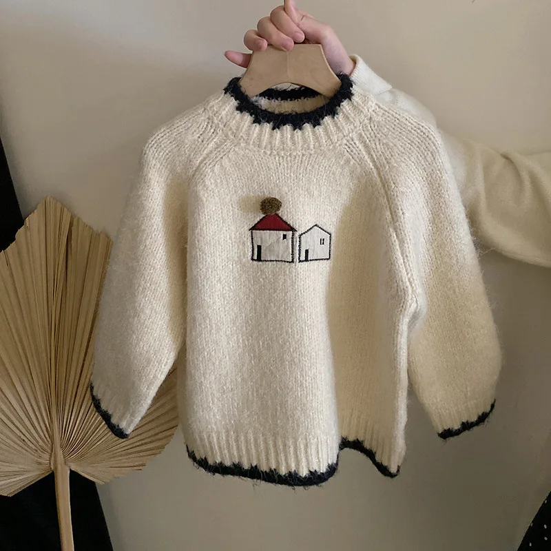 Korean Girls Contrast Cartoon Cute Knitted Sweater 2024 Autumn Winter New Fleece Thickened Polka Dot Pants Fashion Set