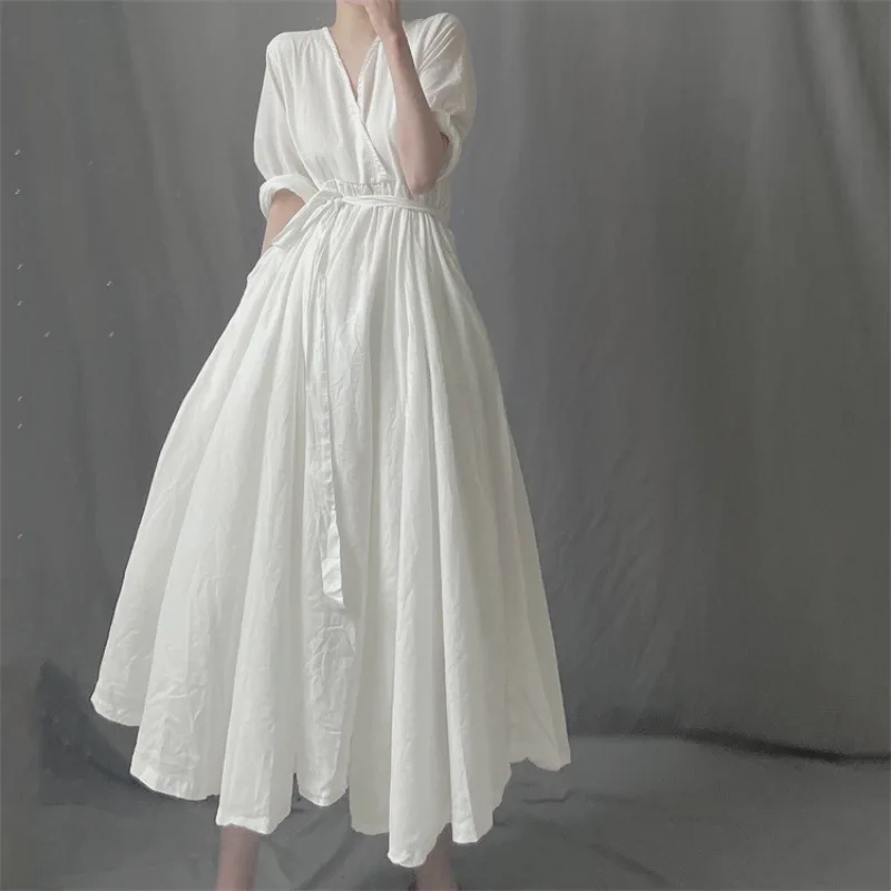 Women's new dark diagonal V-neck pullover long knee waist strap large skirt dress