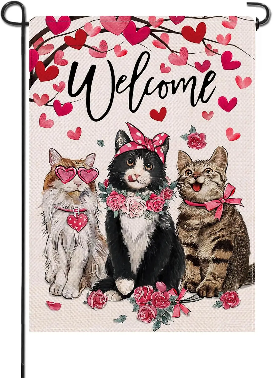 Artofy Welcome Valentines Day Cat Small Decorative Garden Flag, Kitty Kitten Pink Red Love Heart Tree Rose Yard Lawn Outsid GGO