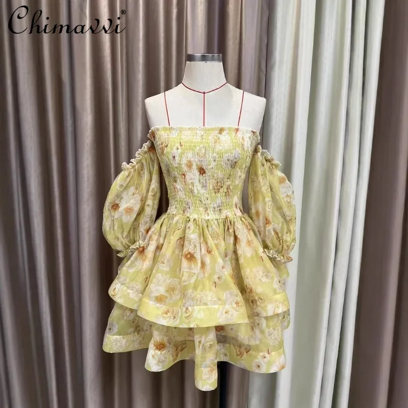 

2025 Spring and Summer New Elastic Elastic Bubble Sleeve Tube Top Short Layer Ruffle Edge Casual Elegant Dress For Women
