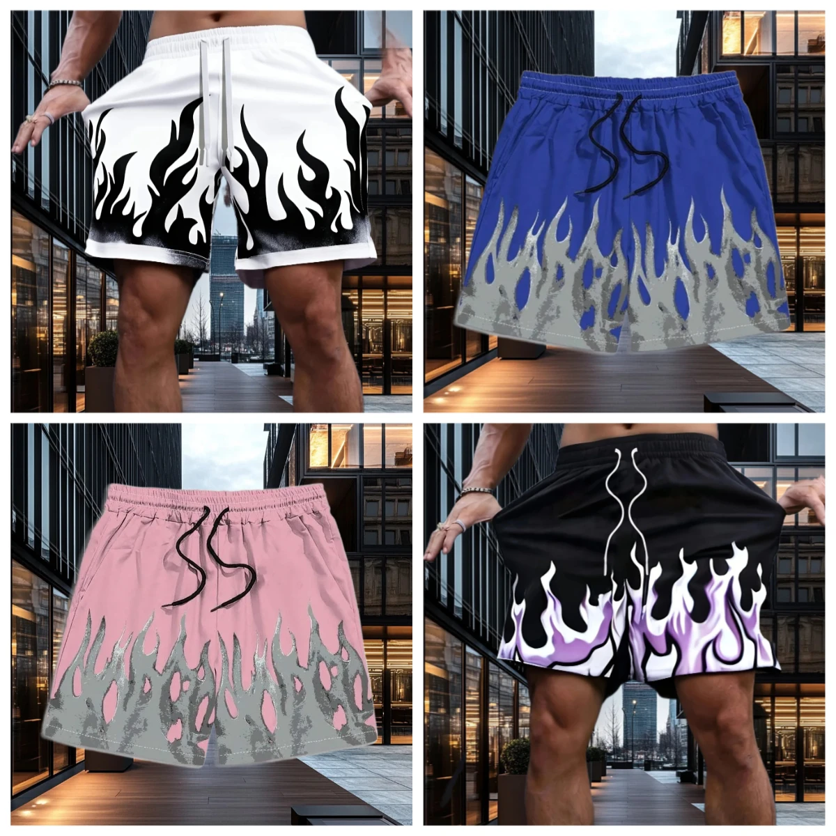 

Новые мужские летние шорты, свободные удобные четырехъядерные брюки, повседневные шорты в стиле Харадзюку с 3D принтом пламени и буквенным принтом, спортивные быстросохнущие шорты