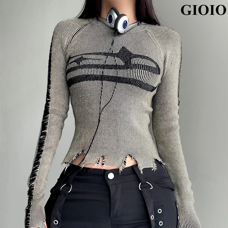 

GIOIO Vintage Ripped Stitched Sweater Pullovers Harajuku Print Full Sleeve Jumpers for Women Autumn Winter Knitwears Streetwear