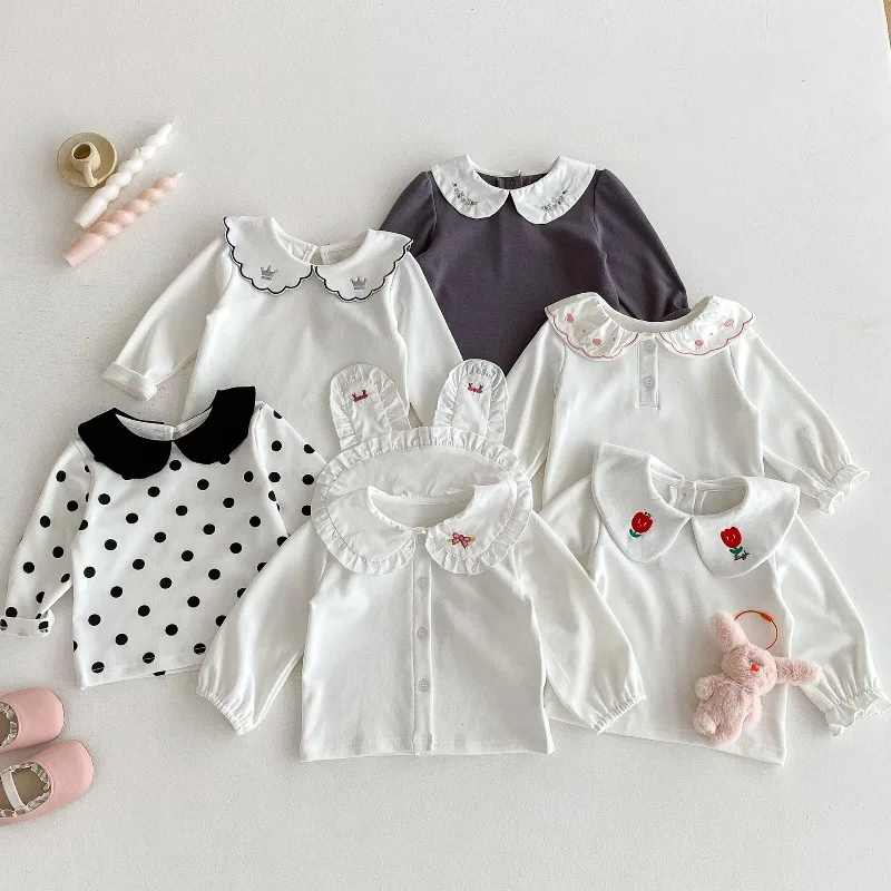 

0-3Y Baby Cotton T-shirts 2025 New Lapel Korean Autumn Cute Embroidered Undershirt Long Sleeve Tees Tops