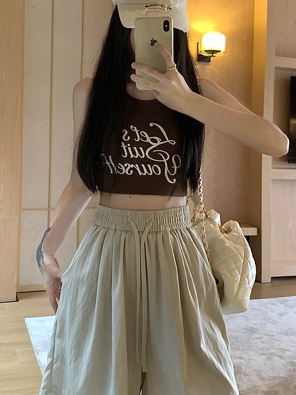 سراويل قصيرة صيفية واسعة الساق من الحرير الجليدي للنساء، فضفاضة ومريحة، عالية الخصر، بقصة مستقيمة، نمط كوري عصري