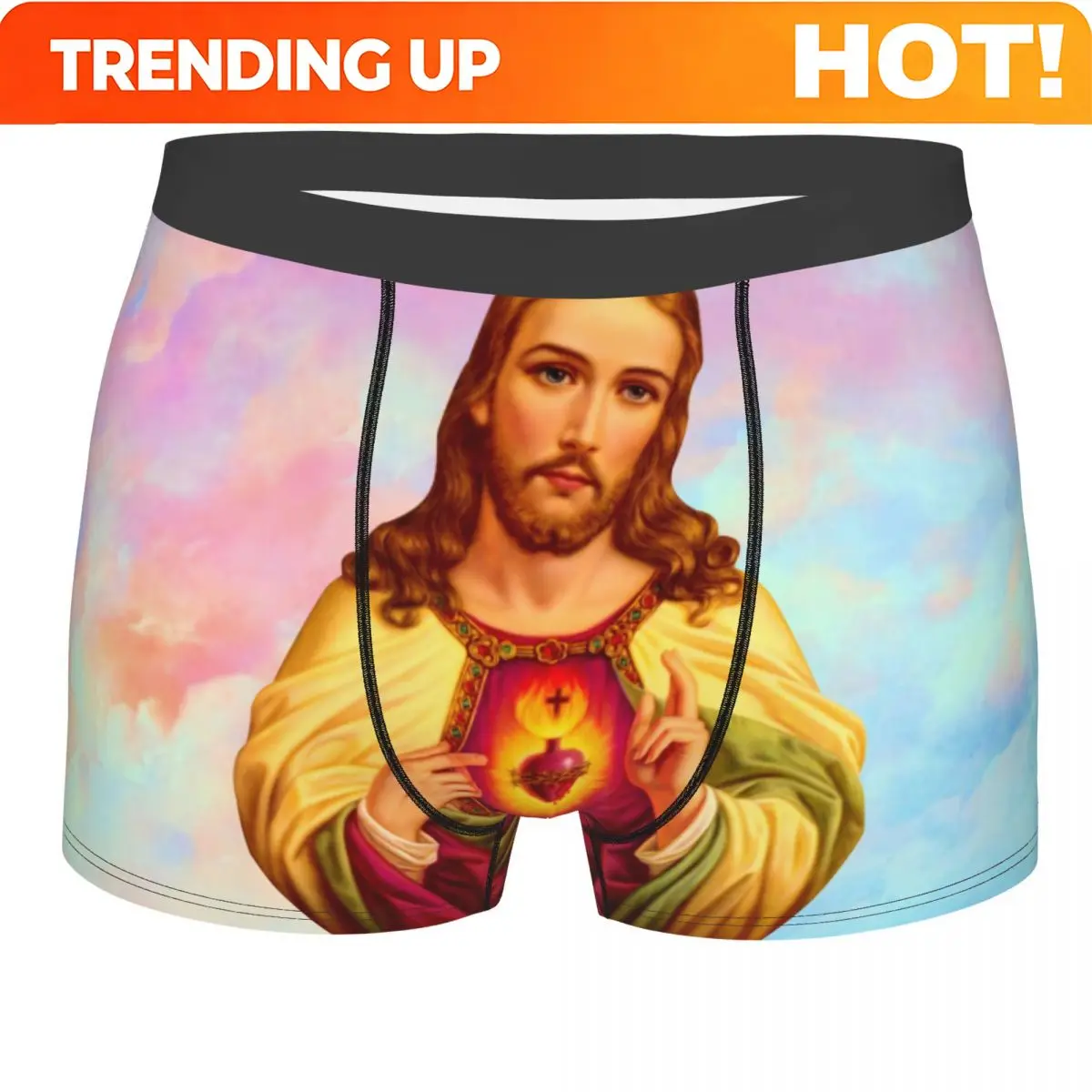 Caleçon Boxer Personnalisé pour Homme, Motif Sacré-Cœur de Jésus, Doux et Confortable, pour Chrétiens Catholiques