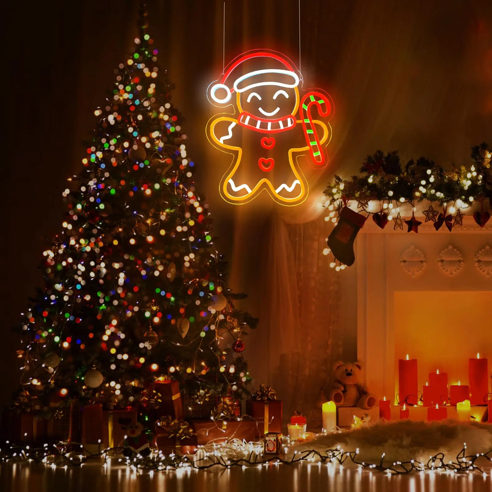 عيد الميلاد الزنجبيل رجل النيون تسجيل عكس الضوء LED أضواء النيون جدار ديكور لعيد الميلاد عيد الميلاد حفلة غرفة المعيشة غرفة نوم الاطفال هدية P