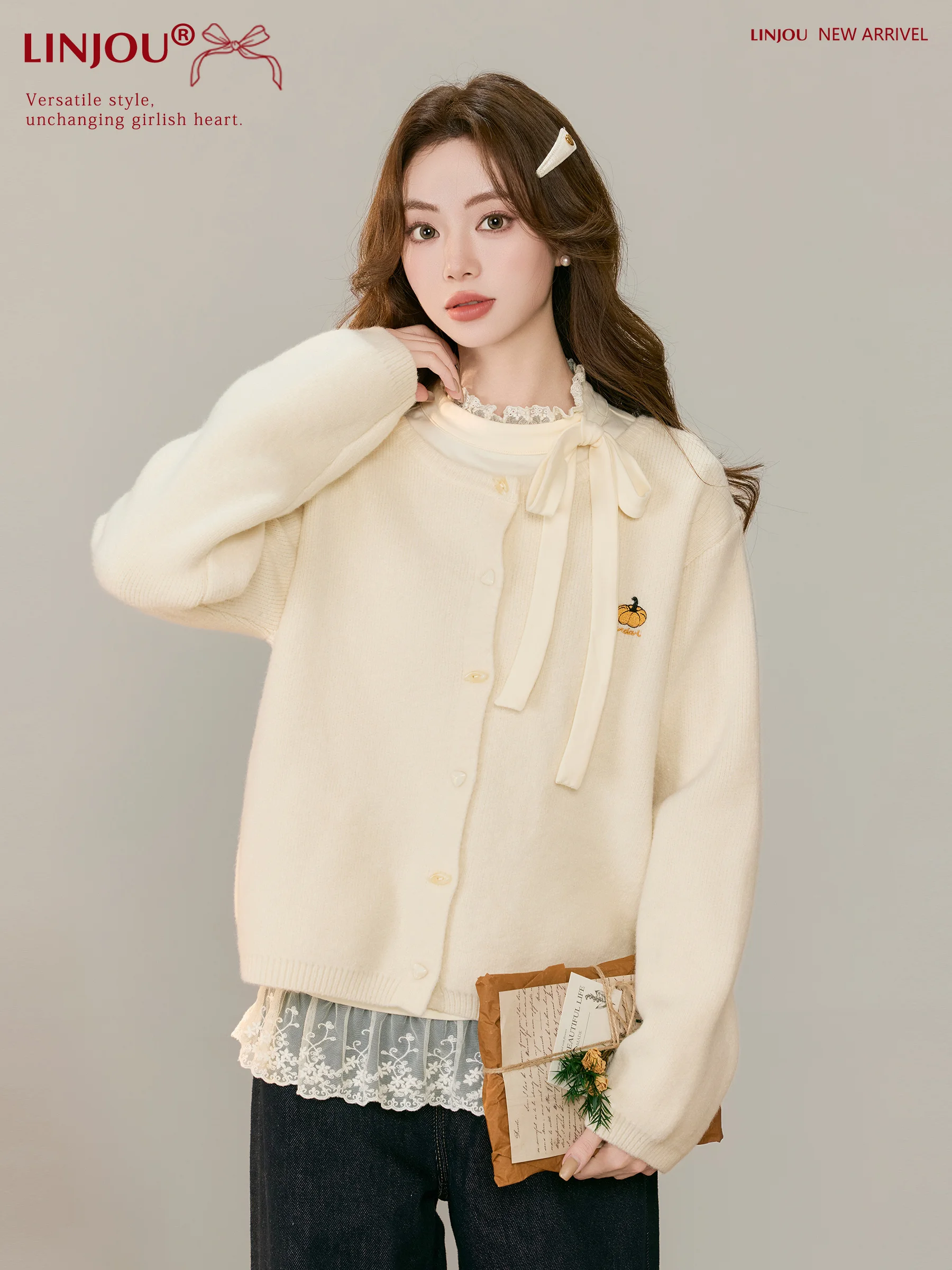 

Весенний новый вязаный кардиган свободного кроя для женщин, свитер-жакет в стиле Ling Jiu, милый стиль, с длинными рукавами, круглым вырезом, складной