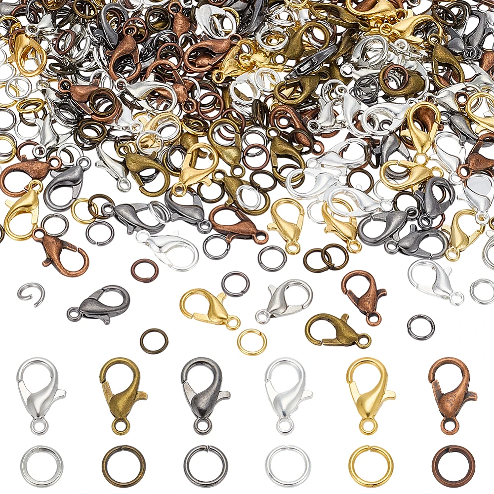 180-pecas-de-fechos-lagosta-de-liga-de-zinco-em-6-cores-fechos-gatilho-tipo-papagaio-argolas-abertas-de-ferro-18g-cores-sortidas-12x6mm-furo-12mm