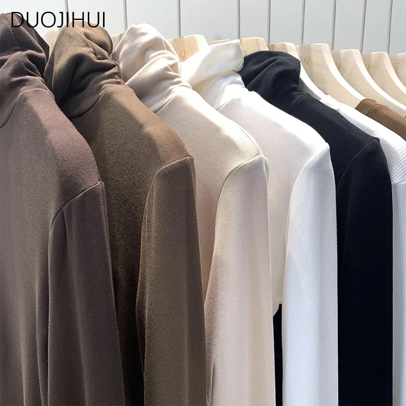 DUOJIHUI New Chic Neck Simple maniche lunghe t-shirt da donna autunno Fashion Hollow Out Casual tinta unita Slim Sexy t-shirt femminili