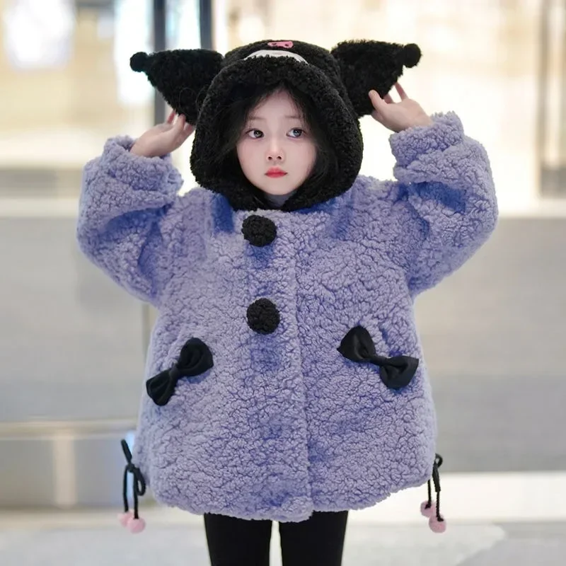 Kuromi Anime Kawaii  Long Sleeve Coat Cute Cartoon Children Sanrio Ins Winter Plus Hooded Warm Jacket Clothing Gifts for Kids