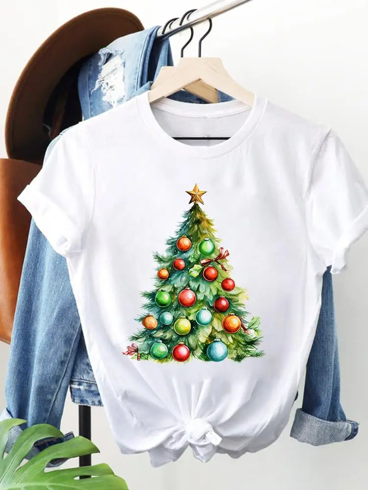 Short Sleeve Top Tee Fashion Women Printing Clothing Star Tree Trend 90s Merry Christmas Happy New Year Print Graphic T-shirts