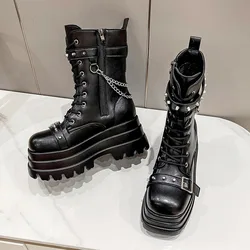 Platforma grube gotyckie buty Lady klamra jesienne buty damskie kliny buty do kolan Punk Street Cosplay Botas łańcuszek motocyklowy