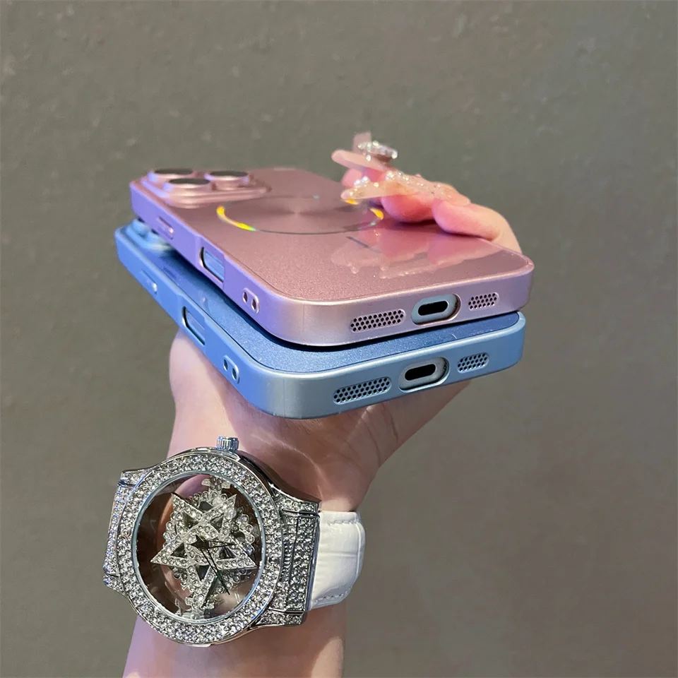 Funda magnética de lujo con brillo y efecto aurora para iPhone 15 16 17 Pro Max 14 Plus 13 12 11, protección completa de lente 6