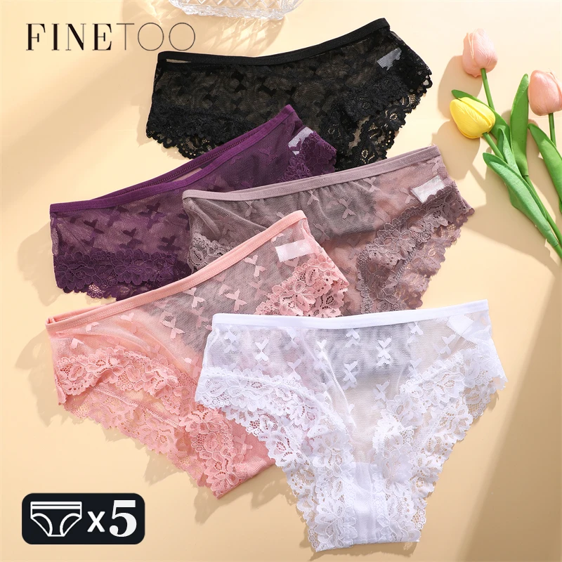 FINETOO 5PCS Women\'s Perspective Lace Panties Sexy Hollow Out Underwear Briefs Female Solid Color Lingerie Floral Intimates S-XL